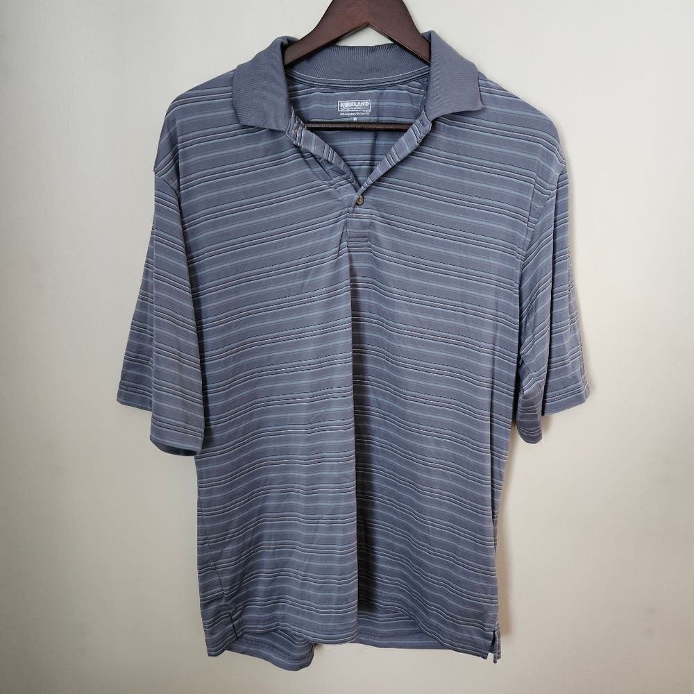 Kirkland Performance Polo Striped Business Casual Blue Gray White Neutral
